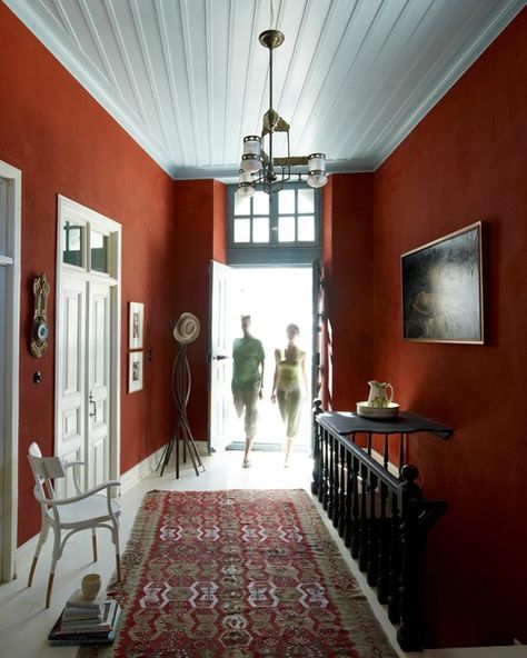 Hallway Colour Schemes, Orange Interiors, Beige Dining Room, Hallway Colours, Stairs Landing, Hallway Inspiration, Hallway Stairs, Wall Colour, Orange Walls