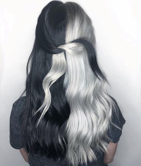 Half Dyed Hair, Black White Hair, Vegas Hair, Half And Half Hair, Split Dyed Hair, White Hair Color, Hair Color Underneath, Popular Hair, Hair Specialist