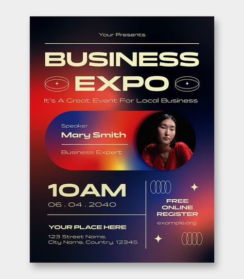 Gradient Business Expo Flyer Template PSD, AI Gradient Flyer Design, Expo Poster Design Ideas, Expo Poster, Dear Face, Red Gradient, Gradient Design, Business Promotion, Street Names, Celebration Party