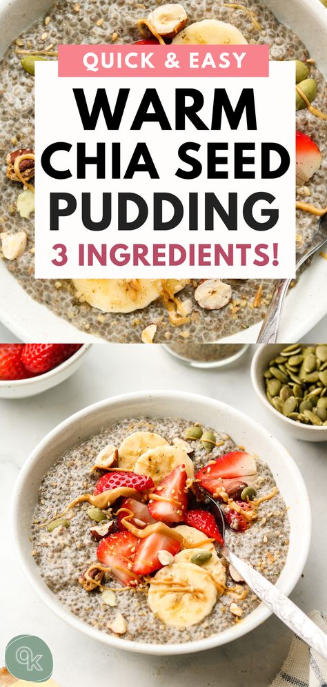 This warm chia pudding recipe is made with only 3 pantry staple ingredients in under 10 minutes! Thick, creamy and can be made in many different flavours to change it up. It's the perfect high protein plant based breakfast that will keep you satisfied for hours! Warm Chia Seed Pudding, Hot Chia Pudding Breakfast, Chai And Flax Seed Recipes, Chia Breakfast Bowl, Warm Chia Pudding Breakfast, Chia Bowl Breakfast, Warm Chia Pudding, How To Make Chia Pudding, Overnight Chia Pudding Breakfast