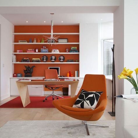 Orange Office, Orange Rooms, Contemporary Home Office, Beautiful Office, Orange Interior, Orange House, Office Interior Design, Home Office Design, Office Ideas