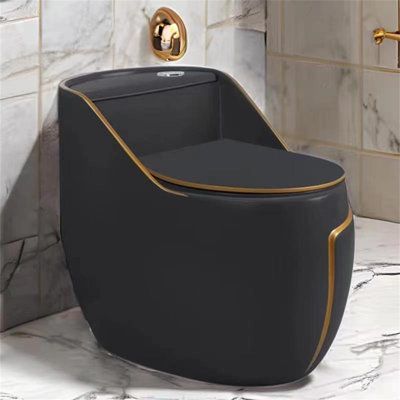 This sleek toilet has incomparable practicality along with its eye-catching beauty. The finish and modern design add a clean contemporary elegance that adapts to any home style. Fast refill, soft close lid, and water-saving design make it a perfect choice for your home. The clean lines, seamless design and easily removable seats make thorough cleaning easier. Finish: Black | WATERMONY Dual-Flush Elongated One-Piece Toilet (Seat Included) in Black | 22.9 H x 16.8 W x 26.1 D in | Wayfair TzjhO05-Z Black Toilet Bathroom Ideas, Sauna Business, Powder Room Toilet, Black Bathroom Floor Tiles, Black Bathroom Design, Sleek Toilet, All Black Bathroom, Cool Toilets, Luxury Bathroom Ideas