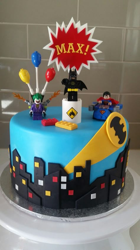 Lego batman cake Lego Batman Birthday Party, Lego Batman Cakes, Lego Batman Birthday, Batman Birthday Cakes, Superman Cakes, Transportation Birthday Party, Lego Birthday Cake, Superman Birthday, Batman Cake