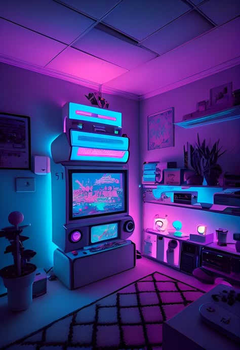 Futuristic Gaming Room, Gaming Room Wallpaper, Retro Room Aesthetic, Cyberpunk Interior, Vaporwave Room, Cyberpunk Room, Room Wallpaper Ideas, Games Room Inspiration, Vaporwave Wallpaper