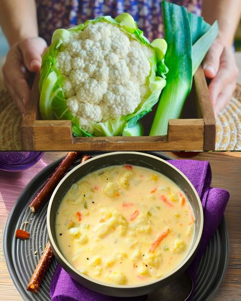 Creamy Cauliflower, Leek, and Cheddar Soup - Greenku Recipes Soup Without Meat, Cauliflower And Leek Soup, Soup Lovers, Roasted Cauliflower Soup, Cauliflower Soup Recipes, Jamie Oliver Recipes, Creamy Cauliflower, Leek Soup, Cheddar Soup