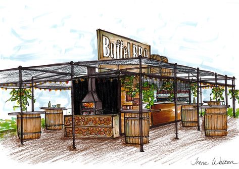 Buffel - Outdoor BBQ & Bar. on Behance Bbq Restaurant Design, Outdoor Restaurant Patio, Container Coffee Shop, Rooftop Restaurant Design, Bbq Bar, Container Restaurant, Container Cafe, Outdoor Restaurant Design, Container Bar