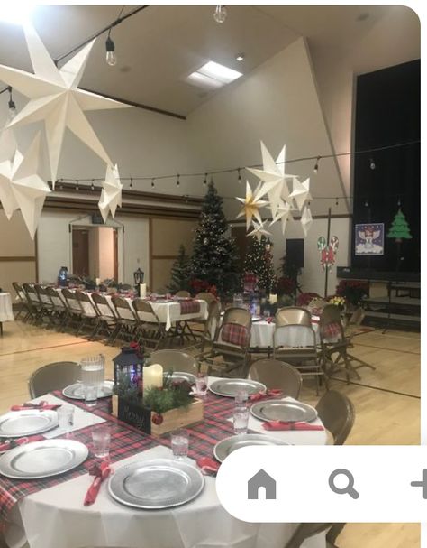 Large Room Christmas Party Decor, Large Christmas Party Ideas, Ward Christmas Party Decorations, Lds Ward Christmas Party Ideas, Church Christmas Party Decorations, Lds Christmas Party Ideas, Banquet Tablescapes, Lds Ward Christmas Party, Ward Christmas Party Ideas Lds