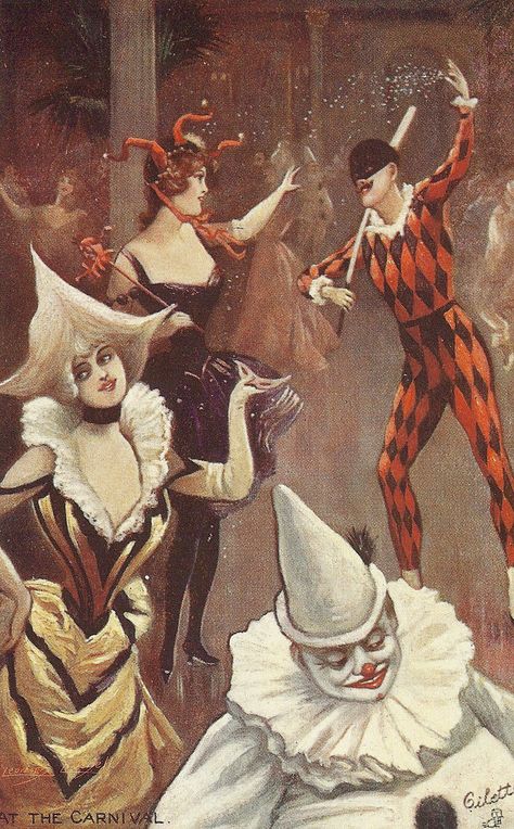 https://flic.kr/p/6RUtPY | At the Carnival | Carnival Series II No 9295  Condition: Excellent Era: circa 1907-1912  Publisher: Raphael Tuck (ebay find August 14, 2009 from deltiology) Clowns Makeup, Vintage Carnaval, Pierrot Costume, Cirque Vintage, Clown Paintings, Pierrot Clown, Costume Inspirations, Dark Circus, Postal Vintage