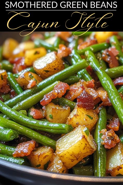 Easy Dinner Recipes: Smothered Green Beans-Cajun Style Cajun Smothered Green Beans, Southern Smothered Green Beans, Southern String Beans Recipe, Green Beans With Chicken Broth, Cajun Vegetables Side Dishes, Cajun Green Beans, Southern Green Beans Recipe, Green Beans With Potatoes, Southern Green Bean Recipes