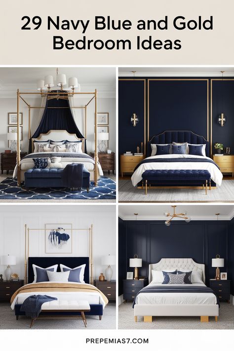 Navy blue and gold bedroom ideas create a sophisticated and luxurious atmosphere. Explore deep navy walls, gold accent furniture, and metallic bedding. Discover navy velvet headboards, gold-framed mirrors, and brass light fixtures. Find inspiration for navy and gold throw pillows, gold geometric wall art, and plush navy carpets to design an elegant and calming sleeping space that balances rich color with glamorous touches. Gold And Blue Bedroom Decor, Regal Bedroom Ideas, Light Blue And Gold Bedroom, Metallic Bedding, Navy Blue And Gold Bedroom, Blue Gold Bedroom, Regal Bedroom, Blue And Gold Bedroom Ideas, Gold Accent Furniture