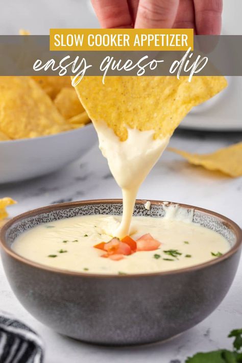 This easy Queso Blanco is a creamy white cheese dip made with spices and two kinds of cheese. It's easy to make in your slow cooker or on the stove for parties, game day, or any time you're craving chips and queso! Low Carb Queso Dip, Queso Dip White, Restaurant Queso Dip, Queso Recipe Easy, Easy Queso Dip, Cheese Dip Recipes Easy, Queso Dip Crockpot, Queso Blanco Recipe, Slow Cooker Queso