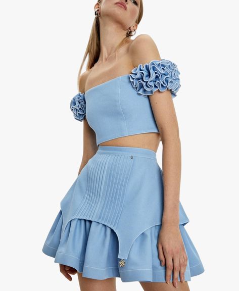 Shop Mini Flounced Skirt from Guranda at Seezona | Seezona Skirt With Garter, Maternity Nightwear, Flounced Skirt, Ruffled Crop Top, Car White, Unique Skirts, Crop Top Designs, Flounce Skirt, Light Blue Shorts