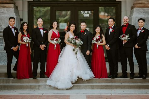 Red And Black Bridal Party, Black And Red Wedding Party Attire, Black And Red Wedding Party, Red Bridal Party, Male Bridesmaid, Black Bridal Party, Grooms Men, Wedding Entourage, Groomsmen Outfits