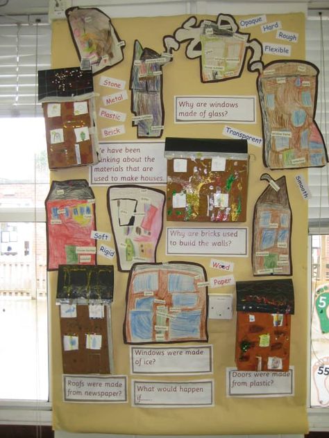 Building houses display, material, building, house, roof, glass Where We Are In Place And Time Pyp Activities, Our Local Area Eyfs, Materials Year 1, Homes Eyfs, Science Display, Inquiry Learning, Reggio Classroom, Class Displays, Traditional Tales