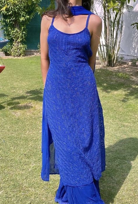 Everyday Desi Outfits, Blue Kurta Woman, Royal Blue Suits Women Indian, Royal Blue Kurti Design, Sleeveless Salwar Suit, Sleeveless Kurta Designs, Sleeveless Kurti Designs, Sleeveless Kurti, Indian Fits