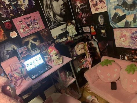 Pastel Goth Room Ideas, Pink Goth Room, Pastel Goth Room, Sanrio Room, Horror Room, Kawaii Room Ideas, Hello Kitty Room Decor, Pinned Post, Hello Kitty Rooms