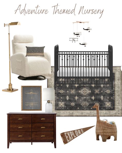 Baby boy nursery with black crib, natural wood dresser, modern lamp and vintage touches. Nursery Black Crib, Black Furniture Nursery, Boy Nursery Black Crib, Nursery With Black Crib, Girl Nursery Black Crib, Black Crib Nursery Ideas, Dark Wood Nursery, Black Crib Nursery, Iron Crib