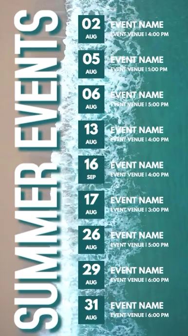 Design created with PosterMyWall Events Flyer, Calendar Graphic, Adventure Challenge, Halloween Promotions, Summer Calendar, Summer Schedule, Calendar Poster, Beach Events, Event Template