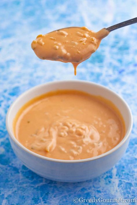 In-N-Out Sauce - A Copycat Recipe | Greedy Gourmet Copycat In And Out Sauce, Orange Sauce For Duck, In And Out Sauce, In N Out Sauce, Burger Sauces Recipe, Burgers And Fries, Stuffed Pepper Dip, Classic French Dishes, Vegan Dip