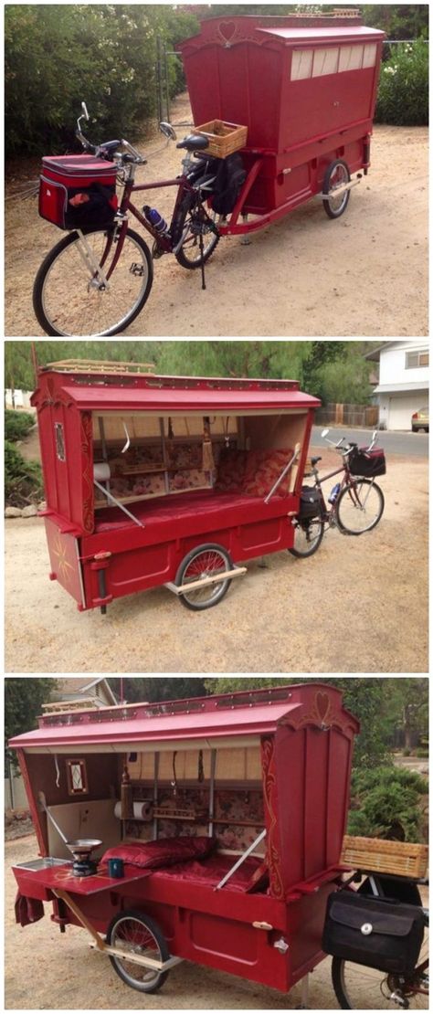 Artist built a micro gypsy wagon you can tow with your bike. #bicycles #cycling Bike Food, Bike Cart, Tiny Living Space, Bike Camping, Bike Trailer, Cargo Bike, Food Cart, Custom Motorcycle, Bike Design