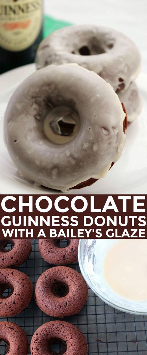 These Chocolate Guinness Baked Donuts with Baileys Glaze are a perfect St. Patricks Day Dessert! Baileys Glaze, Booze Desserts, Boozy Sweets, St Patricks Day Dessert, Guinness Recipes, Baked Doughnuts, Alcoholic Desserts, Donut Dessert, Filled Donuts