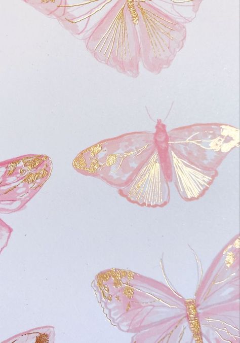 Pink And Gold Pictures, Pink And Gold Aesthetic, Pink Art Aesthetic, Illustrator Aesthetic, Pink Butterfly Art, Pink And Gold Butterfly, Gold Foil Wall, Girls Bedroom Wall Art, Butterflies Illustration