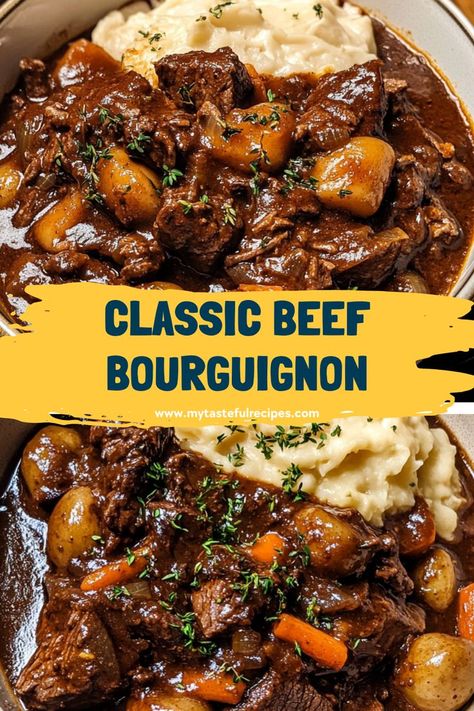 The ultimate French comfort food! This Beef Bourguignon recipe is rich, flavorful, and perfect for a Sunday dinner. Slowly braised beef, red wine sauce, and fresh herbs make it irresistible! Beef Stew Red Wine, Beef Red Wine, Beef Bourguignon Recipe, Cozy Sunday, Sunday Dinner Recipes, Red Wine Sauce, Sunday Recipes, Comfort Food Recipes Dinners, Healthy Recipies