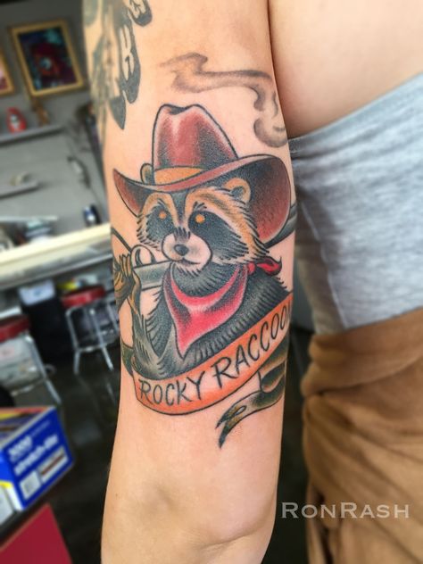 American Traditional Beatles Tattoo, Rocky Raccoon Tattoo, American Traditional Raccoon, American Traditional Raccoon Tattoo, Traditional Raccoon Tattoo, Seinfeld Tattoo, Tattoos Patchwork, Racoon Tattoo, Beatles Tattoo