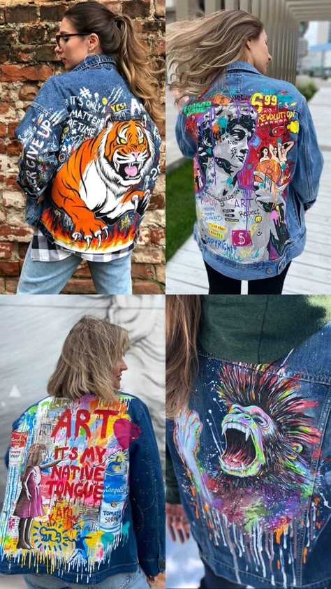 Jeans Jacket Design, Jean Jacket Painted, Denim Jacket Art, Shirt Printing Design, Jeans Painting, T Shirt Printing Design, Clothing Painting, Hand Painted Clothes, Fabric Painting Ideas