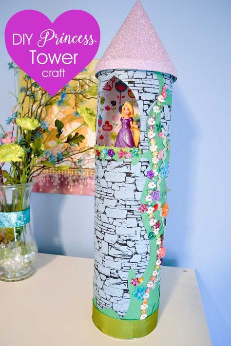 Make an adorable DIY Rapunzel princess tower for small dolls, using recycled food storage containers. Kids can help create this doll castle and decorate it with our printable stone rock texture, rhinestones, flowers and leftover craft trim. Disney Princess Crafts, Craft Mirror, Disney Crafts For Kids, Princess Tower, Toy Story Crafts, Frozen Castle, Te Fiti, Princess Crafts, Diy Mickey Ears