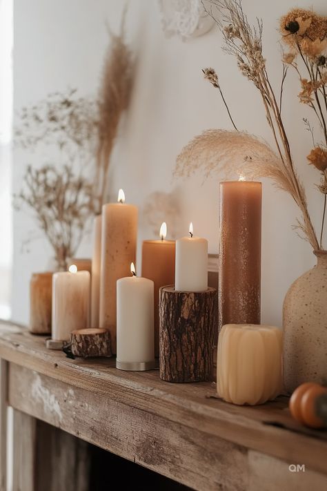 Cozy fall mantel decor ideas featuring rustic candles, dried florals, and natural elements. Perfect for autumn home decor inspiration. Minimalist Fall Mantel Decor, Minimalist Thanksgiving, Fall Minimal Decor, Contemporary Fall Decor, Thanksgiving Fireplace Mantle Decor, Minimalist Fall Decor Ideas, Moody Thanksgiving Decor, Tasteful Fall Decor, Minimalist Thanksgiving Decor