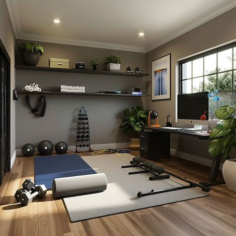 Professional Office Photos: Work From Home Quality Studio Apartment Study Space, Small Home Office And Gym, 400 Sq Ft Office Design, Gamer Home Office, Small Office Gym Combo, Workout Office Room, Creative Director Office, Guest Bedroom Gym Combo, Office Gym Combo Ideas