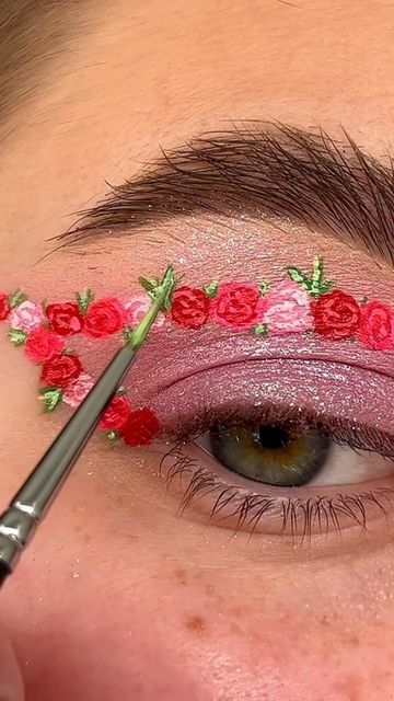 Rose Eye Makeup Art, Valentine’s Day Graphic Liner, Valentines Graphic Eyeliner, Rose Petal Makeup, Rose Makeup Look Flower, Rose Makeup Flower, Valentines Graphic Liner, Valentines Makeup Ideas Creative, Acotar Makeup