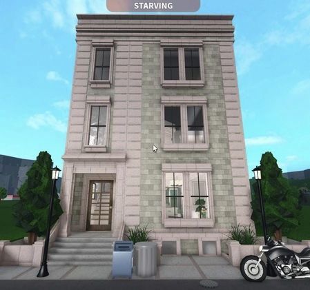 Small Bloxburg Town Houses, Bloxburg Downtown House, Nyc Apartment Exterior Bloxburg, Bloxburg Appartement Ideas Exterior, Bloxburg Apartment Ideas Exterior Nyc, Nyc House Bloxburg, Bloxburg City Exterior, Bloxburg Store Ideas Exterior, Bloxburg Appartement Building