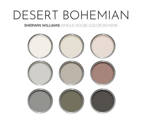 Desert Bohemian Sherwin Williams Paint Palette, Paint Colors for Home, Earth Tone Color Palette Whole House, Saltillo Tile Color Schemes, Western Bedroom Colors Paint, Trending Color Palettes Interior Design, Modern Desert Color Palette, Open Concept Paint Schemes, Earth Tone Paint Colors, Southwestern Color Palette, Boho Paint Colors