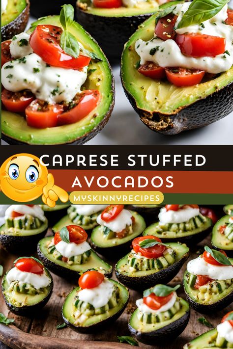 Delight your taste buds with these refreshing Caprese Stuffed Avocados! Creamy avocado halves filled with a colorful blend of cherry tomatoes, fresh mozzarella, basil, and drizzled with balsamic glaze. A perfect appetizer or light meal bursting with flavor! #myskinnyrecipes#avocadorecipe #healthyappetizer #capresesalad Caprese Stuffed Avocado, Caprese Avocado, Stuffed Avocados, Mozzarella Balls, Light Appetizers, Feeling Healthy, Throwing A Party, Tomato Mozzarella, Ripe Avocado