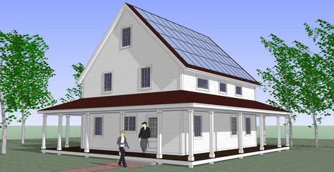 This 1700-sq.-ft. net-zero-energy kit home is manufactured by Vantem Panels of Brattleboro, Vt. The model shown here, called The Sharon, measures 28 ft. by 32 ft. and has three bedrooms and 2-1/2 bathrooms.Click To Enlarge Net Zero House Plans, Zero Energy House, Passive Solar Homes, Structural Insulated Panels, Insulated Panels, Zero Energy, Net Zero, Photovoltaic Panels, Architecture Model Making