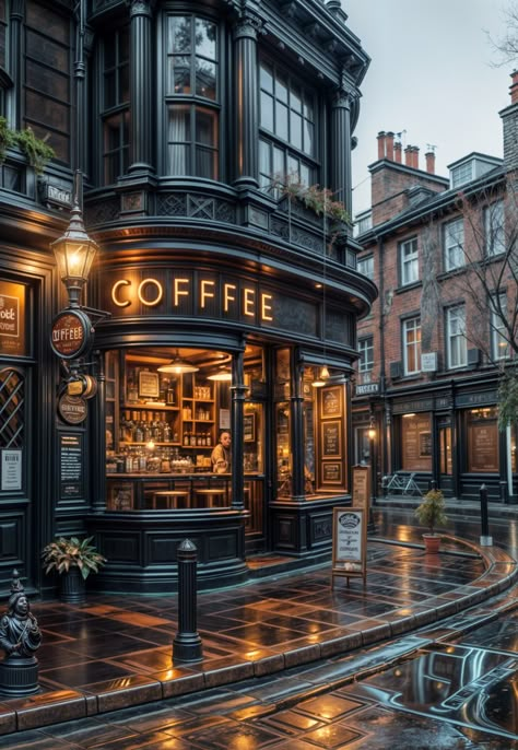 Cafe At Night Aesthetic, Vintage City Aesthetic, Cute Coffee Wallpaper, Gothic Cafe, Moody Coffee Shop, Coffee Shop Wallpaper, Coffee Aesthetic Wallpaper, Coffee Outdoor, London Coffee Shop