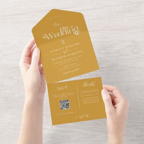 Elegant Mustard Yellow Whimsical Wedding All In One Invitation Earthy Backgrounds, Serif Lettering, Kraft Paper Wedding, Outdoor Scenery, Stylish Wedding Invitation, Pumpkin Monogram, Modern Monogram, Wedding Initials, Rsvp Postcard