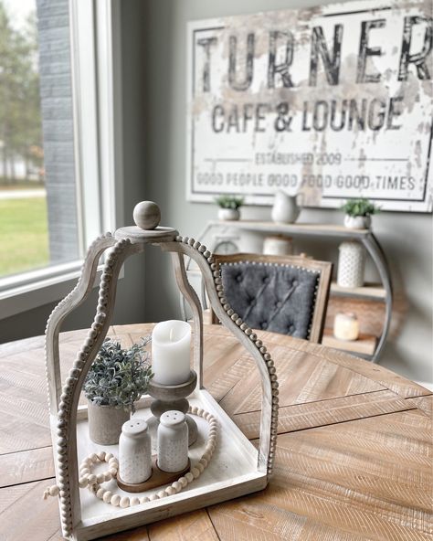 Lantern Centerpieces Dining Room, Farmhouse Lantern Decor Ideas, Open Lantern Decor Ideas, Wooden Lantern Decor, Wood Lantern Decor, Beaded Lantern, Farmhouse Lantern Decor, Coffee Table Decor Living Room, Table Centerpieces For Home