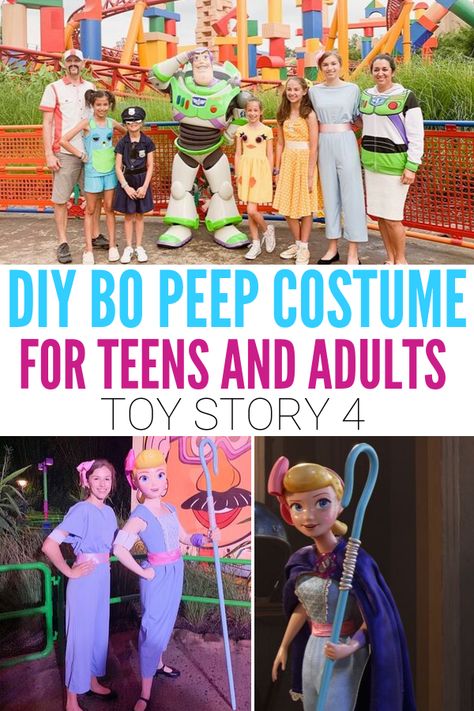 An easy DIY Toy Story 4 Bo Peep Costume for Teens and Adults on a budget! This will be great for a Toy Story family costume or DisneyBound for Halloween, Mickey's Not So Scary Halloween Party or to wear to the Disney parks! #ToyStoryCostumes #BoPeepDisneyBound Cheap Toy Story Costume, Toy Story Sheep Costume, Toy Story Dress Up Ideas, Diy Bo Peep Staff, Easy Toy Story Costumes, Toy Story Halloween Party, Toy Story Adult Costumes Diy, Bo Peep Diy Costume, Toy Story Group Halloween Costumes