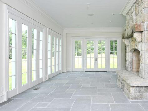 Den with french doors, stone fireplace and slate floors with a view of the backyard Three Season Porch, Four Seasons Room, Sunroom Addition, Three Season Room, Sunroom Designs, Florida Room, Casa Country, Sun Porch, Casa Vintage