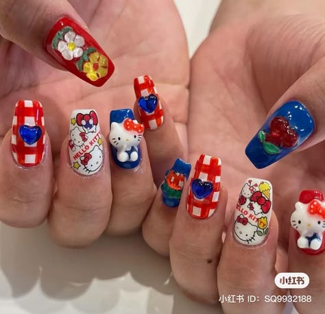 Hello Kitty Shin Chan Nails, Nail Inspiration Hello Kitty, Gel X Nails Hello Kitty, Hello Kitty Mummy Nails, Painted Hello Kitty Nails, Hello Kitty Drawn Nails, Hello Kitty Nail Art, Sanrio Nails, Hello Kitty Nail