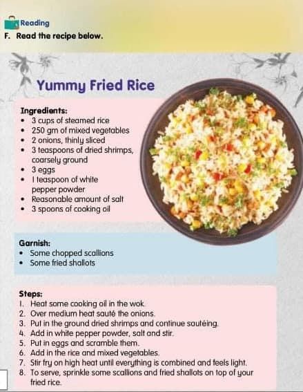 FORM 3 KSSMPK TEXT BOOK PG 28 Procedure Text, Making Fried Rice, Fried Shallots, Cheap Healthy Meals, Rice Ingredients, Fried Rice Recipe, Steamed Rice, Mixed Vegetables, Rice Recipe