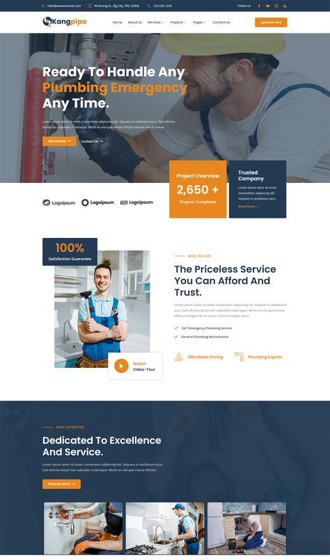 Plumbing Services Elementor Template Kit Plumbing Website Design Inspiration, Plumbing Website Design, Plumber Website, Energy Website, Website Design Minimalist, Conference Website, Slider Web, Webpage Design Layout, Elementor Templates