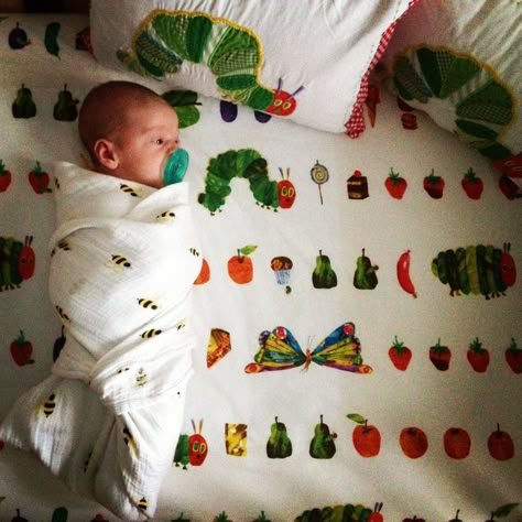 Pottery Barn Kids, Hungry Caterpillar Crib Set. My son enjoying his room his first week! Bug Themed Nursery, Shy Emoji, Caterpillar Nursery, Hungry Caterpillar Nursery, Clayton Homes, Wood Nursery, Themed Bedroom, Crib Sets, Future Mom