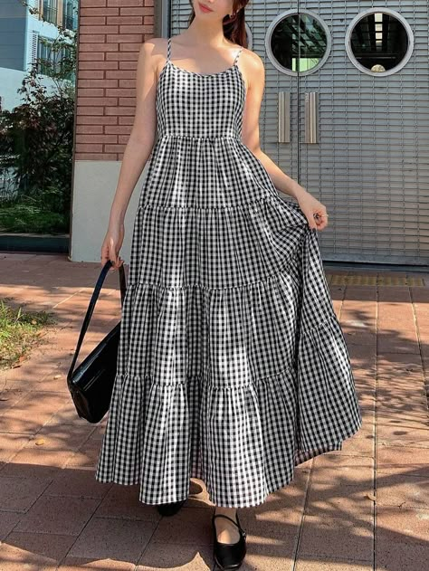 DAZY Ladies' Casual Plaid Printed Summer Holiday Spaghetti Strap Dress | SHEIN USA Anarkali Dress Pattern, Fashion Top Outfits, Casual Day Outfits, Designer Dresses Casual, Dress Aesthetic, Quick Outfits, Fashionista Clothes, Vintage Maxi Dress, Women Midi