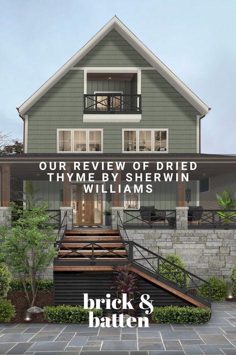 Dried Thyme by Sherwin Williams is a gorgeous dark green paint color with muted tones. Learn more about why Dried Thyme is a popular choice for home exteriors and why it might be the perfect shade for your house: https://bit.ly/3Cbf2ve Sage Green House Exterior With Wood Accents, Green Gray Siding Exterior Houses, Green Paint Outside House, Exterior House Colors Dark Green, Sherwin Williams Green Onyx Exterior, Sherwin Williams Labradorite Exterior, Popular Green Exterior Paint Colors, Its About Thyme Exterior, Sherwin Williams Oakmoss Exterior