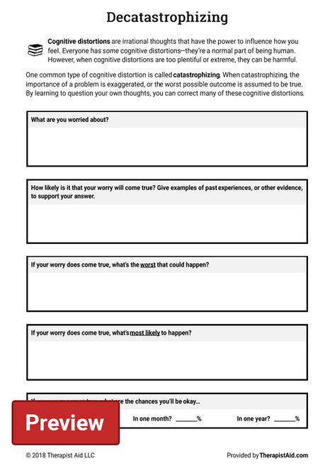 Cognitive Restructuring: Decatastrophizing Preview Reframing Thoughts, Thoughts Worksheet, Cognitive Distortions Worksheet, Cbt Therapy Worksheets, Dbt Therapy, Cbt Worksheets, Counseling Worksheets, Cbt Therapy, Cognitive Therapy