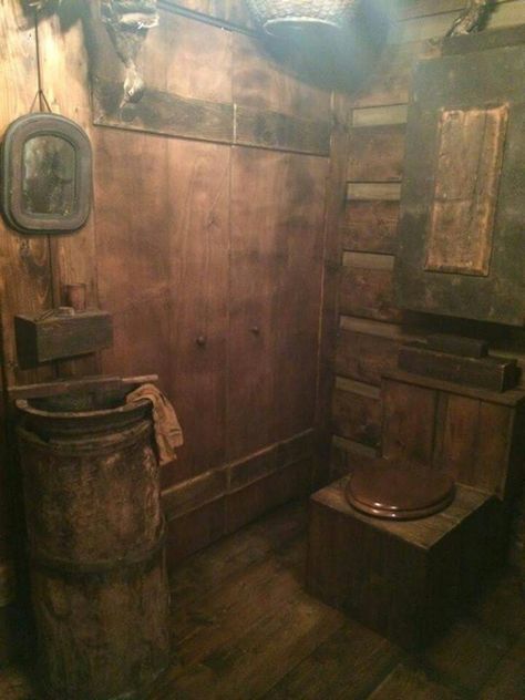 Old Cabin Bathroom, Medieval Bathroom, Medieval Bathroom Aesthetic, Viking Bathroom, Out Houses Toilet Plans Rustic, Abandoned Cabin Interior, Medieval Tavern, Plumbing Humor, Wooden Shack